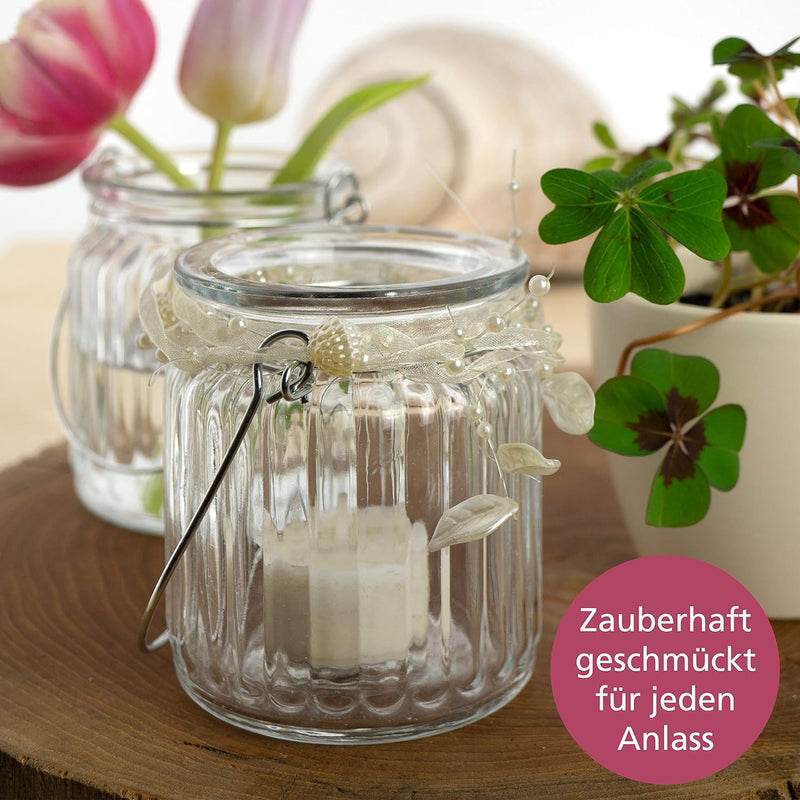 WeddingTree 12 x Windlicht Glas mit Bügel - Teelichtgläser - Einfach Abnehmbarer Metallbügel - Deko