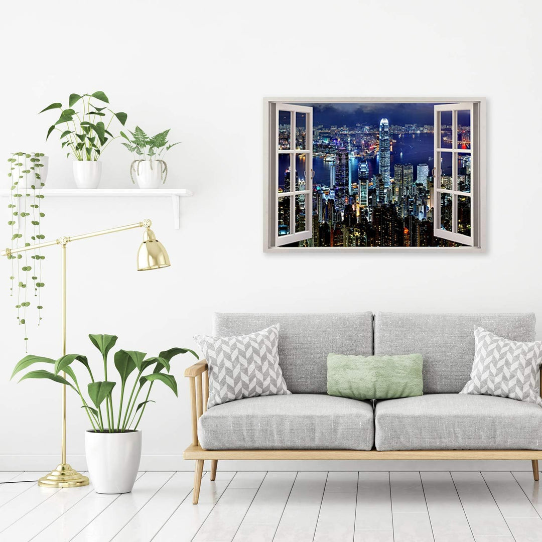 Feeby Wandbild Wolkenkratzer Druckbild Leinwandbild Fenster-Illusion Blau 90x60 cm Leinwandbild 90x6