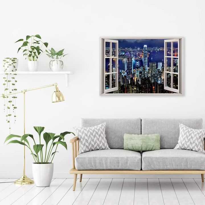 Feeby Wandbild Wolkenkratzer Druckbild Leinwandbild Fenster-Illusion Blau 90x60 cm Leinwandbild 90x6