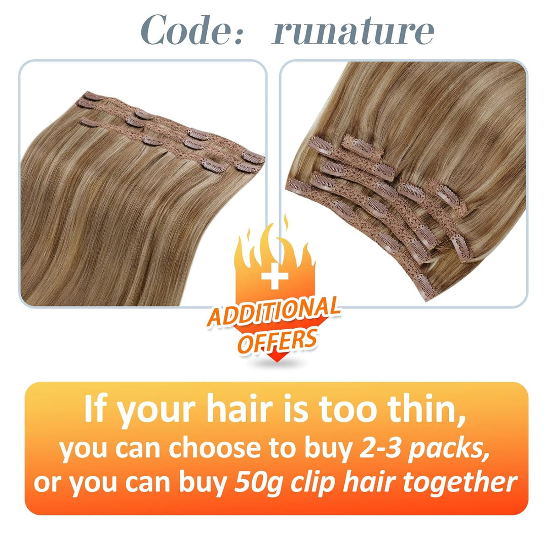 RUNATURE Blond Clip Extensions Echthaar Dunkelblond mit Goldblond Glatt Haar Clip in Haarextensions