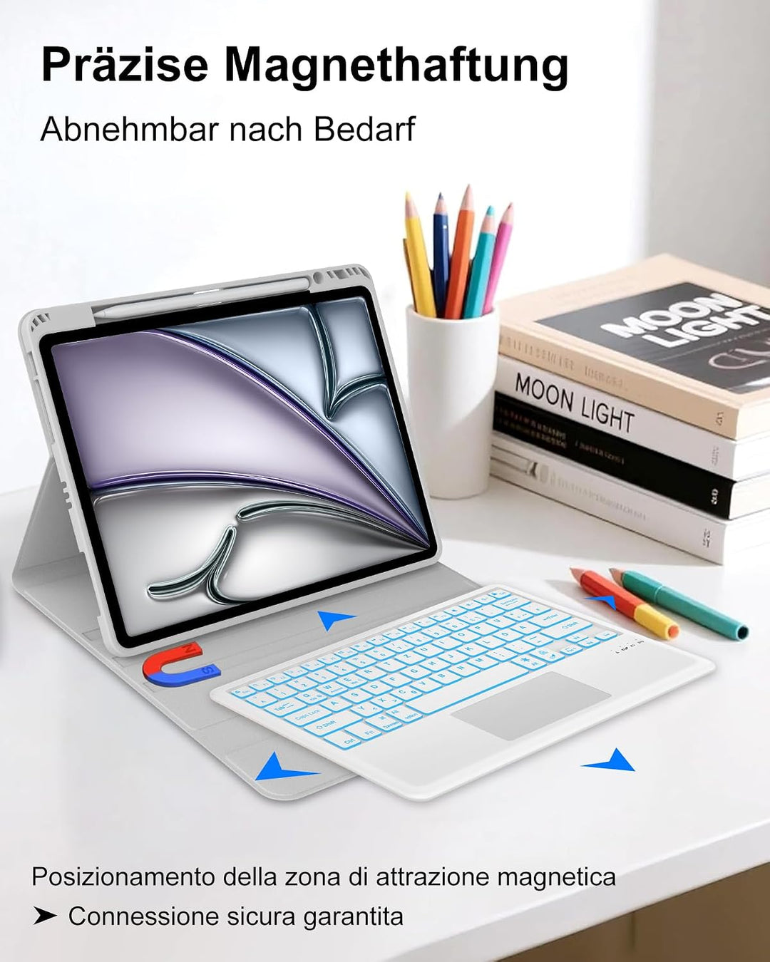 Für iPad Air 13 (M4/M3) Hülle mit Touchpad &amp; Beleuchtung QWERTZ Hellgrau Air 13 M4/M3/M2 (2026-2024)