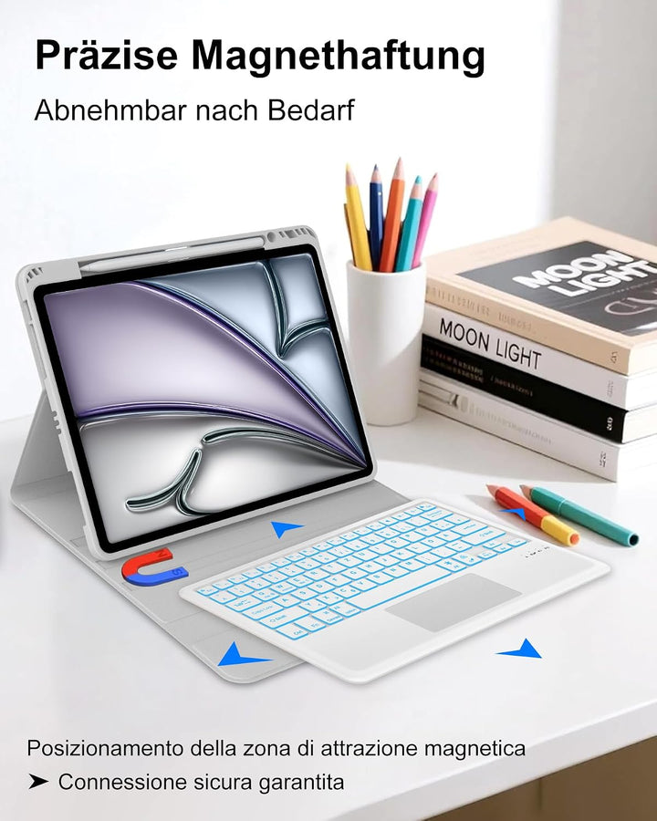 Für iPad Air 13 (M4/M3) Hülle mit Touchpad &amp; Beleuchtung QWERTZ Hellgrau Air 13 M4/M3/M2 (2026-2024)