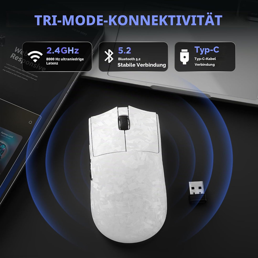 YUNZII M2 Kabellose Dual 8K Gaming Maus, PAW3395, 6-Stufen-DPI (Weiss), Weiss
