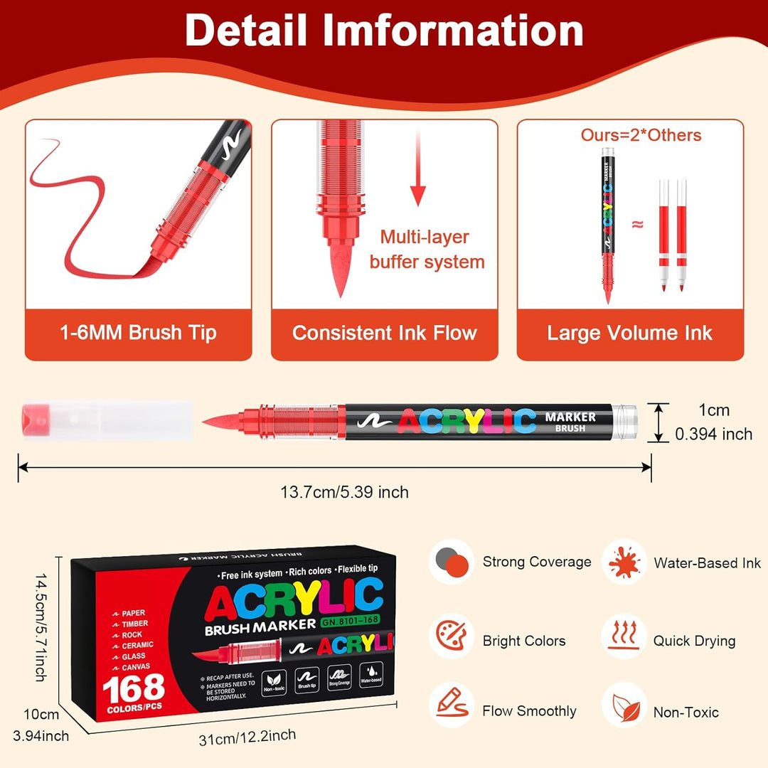 Acrylstifte, 168 Farben Acrylic Marker mit flexibler Pinselspitze, Direktflüssigkeit Acrylic Paint M