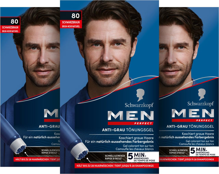 Schwarzkopf Men Perfect Anti-Grau Tönungs-Gel 80 Schwarzbraun (80 ml), Haarfarbe für Männer blendet