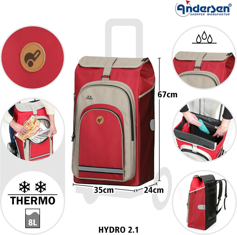 Andersen Shopper Tura Alu klappbar mit Kugellagerrad Ø 29cm und 62 Liter Tasche Hydro 2.0 mit Kühlfa