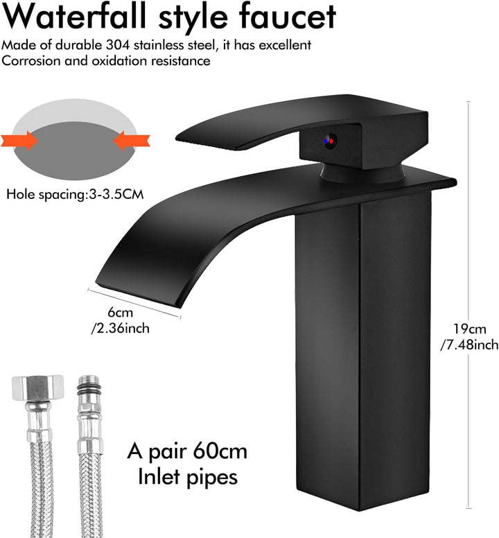 Touch-On Wasserhahn Bad Schwarz - Mattierte Wasserfall-Armatur mit Fingerprint-Schutz | Einhebelmisc