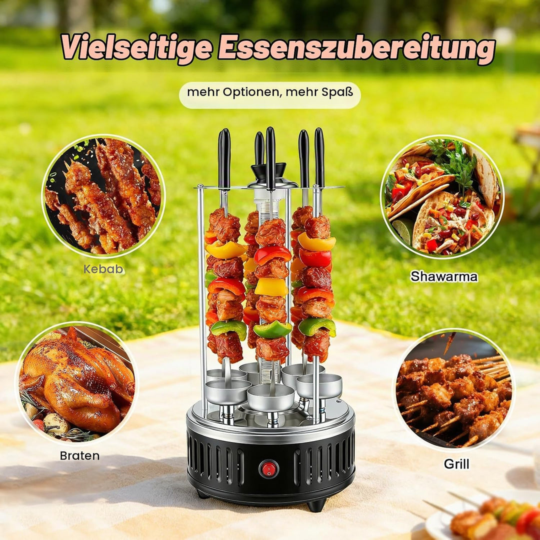 Elektrischer BBQ Tischgrill Vertikalgrill aus Edelstahl, Schaschlikgrill mit 12 Spiessen und 2 Glasr