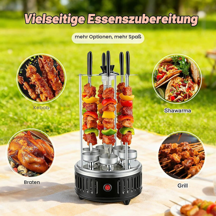 Elektrischer BBQ Tischgrill Vertikalgrill aus Edelstahl, Schaschlikgrill mit 12 Spiessen und 2 Glasr