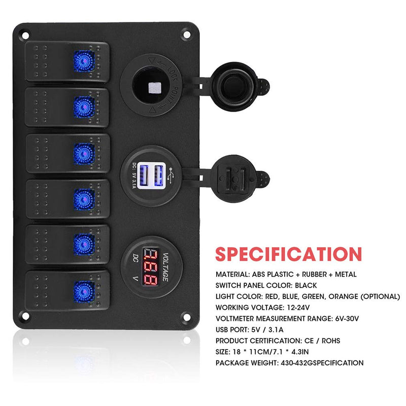 KIMISS ABS 6 Gang Wasserdichte ON-OFF Kippschalter Panel Dual USB Buchse Ladegerät LED Voltmeter 12