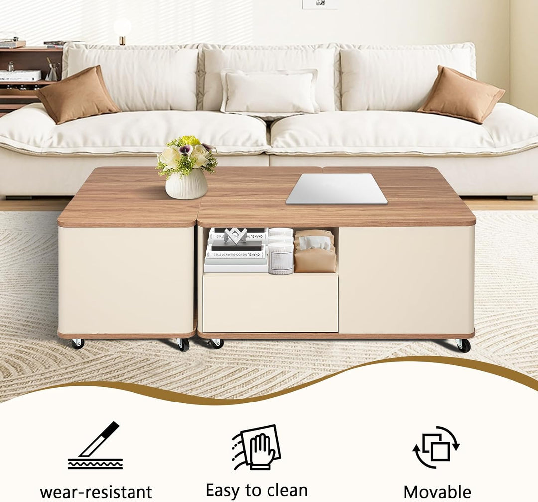 Couchtisch mit Rollen, Wohnzimmertisch Holz mit 2 Schublade, Frei Arrangiert, Ausgefallene Couchtisc