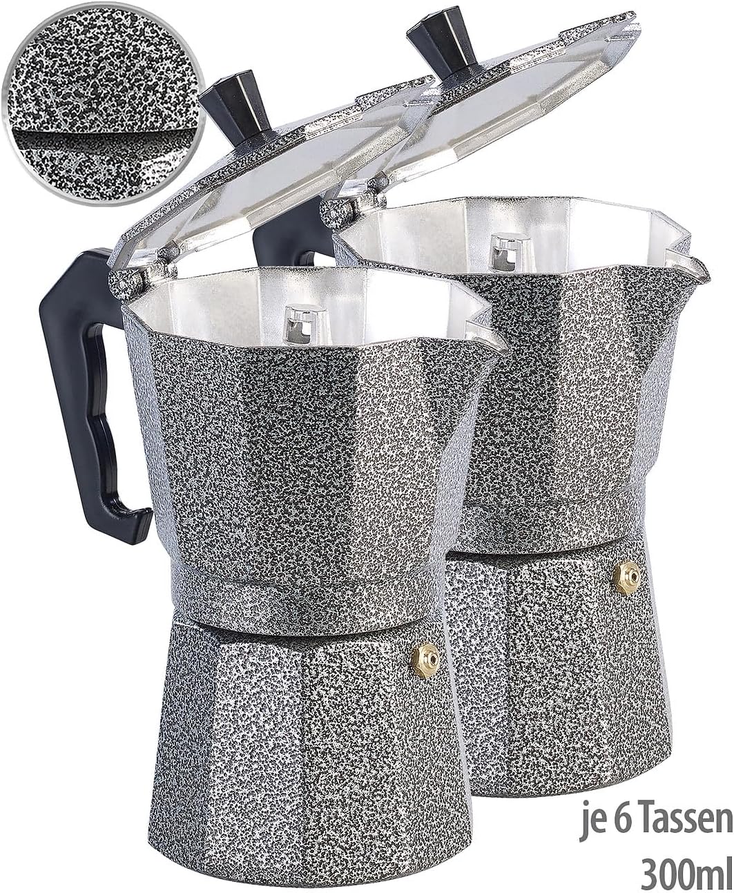 Espressokocher Gas: 2er Set Espresso-Kocher in Hammerschlag-Optik, für 6 Tassen, 300 ml (Mokkakannen