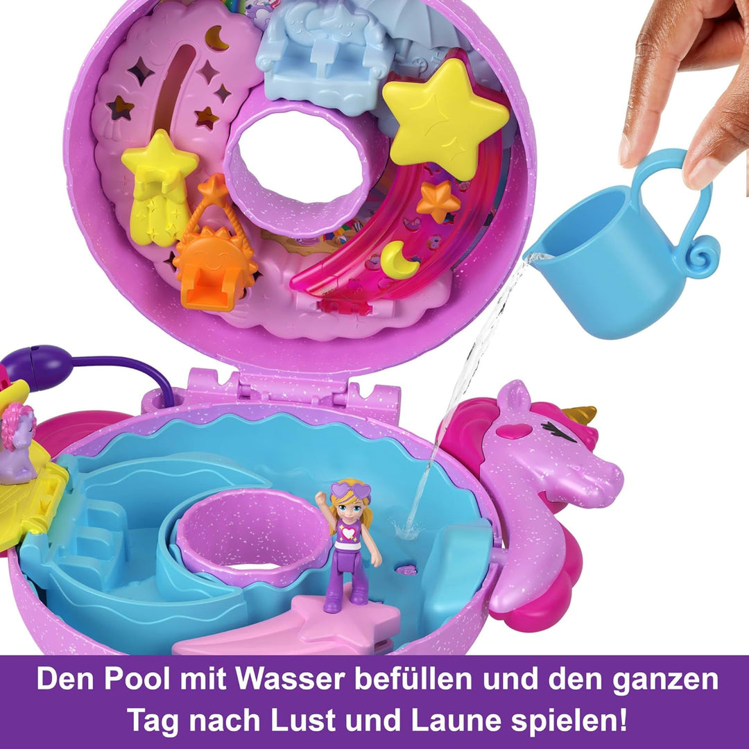 Polly Pocket-Puppen und -Spielsets, 12 Zubehörteile, Einhornfloss-Schatulle mit Wasserspass und 2 Te