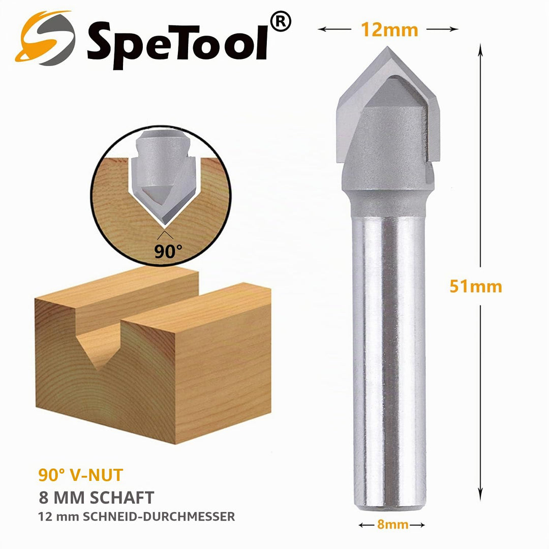 SpeTool Fasenfräser 8mm Schaft 90 Grad Gravierstichel V Nutfräser CNC Fräser Schaftfräser 12mm Schne