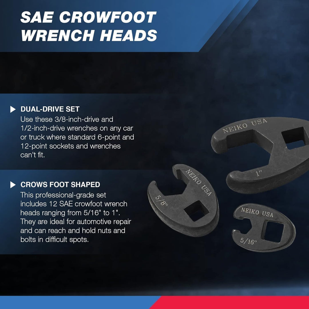 Neiko 03323A 3/8 1/2 Antrieb Hahnenfuss Bahnmutternschlüssel Satz | 12-teilig | SAE | 5/16 1 Zoll |