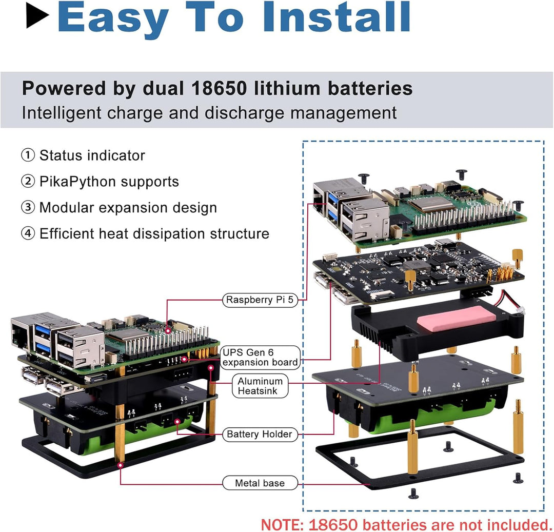 GeeekPi UPS Gen 6 Power Module UPS V6 Uninterruptible UPS Shield for Raspberry Pi 5/4B/Orange Pi - E