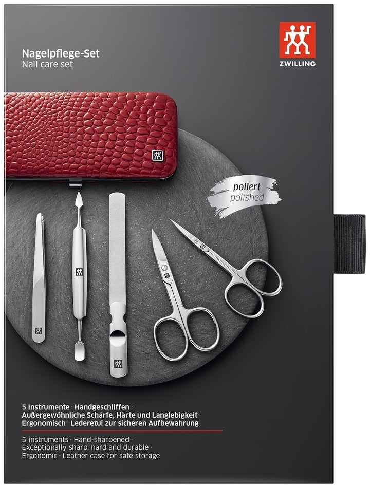 ZWILLING Maniküre Set Pediküre Kit, Nagelpflege aus Edelstahl, Rindleder, Kroko Edition, 5-teilig, R