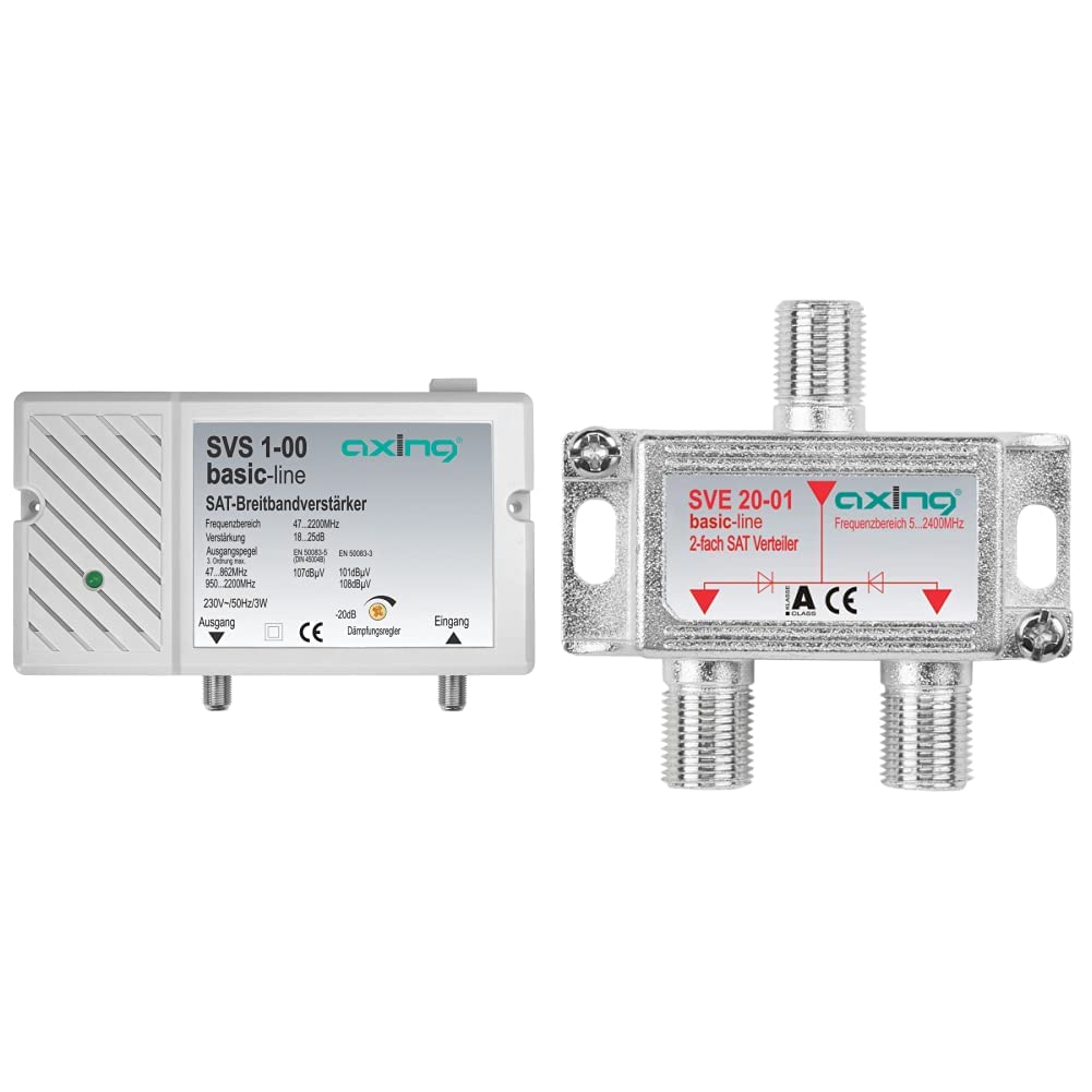 Axing SVS 1-00 Satelliten-Breitbandverstärker (25dB, 47-2200 MHz) &amp; SVE 20-01 2-Fach SAT-Verteiler S