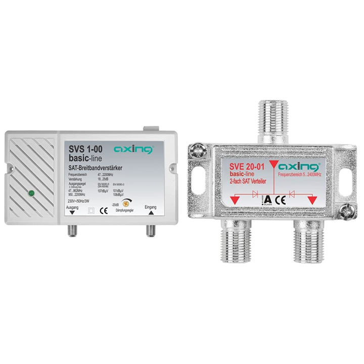 Axing SVS 1-00 Satelliten-Breitbandverstärker (25dB, 47-2200 MHz) &amp; SVE 20-01 2-Fach SAT-Verteiler S