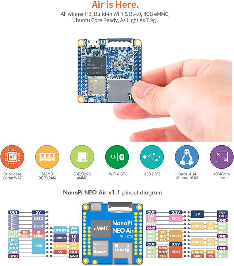 NanoPi NEO Air Open Source Allwinner H3 Single Board Computer Onboard Quad-Core Cortex-A7 1.2GHz CPU