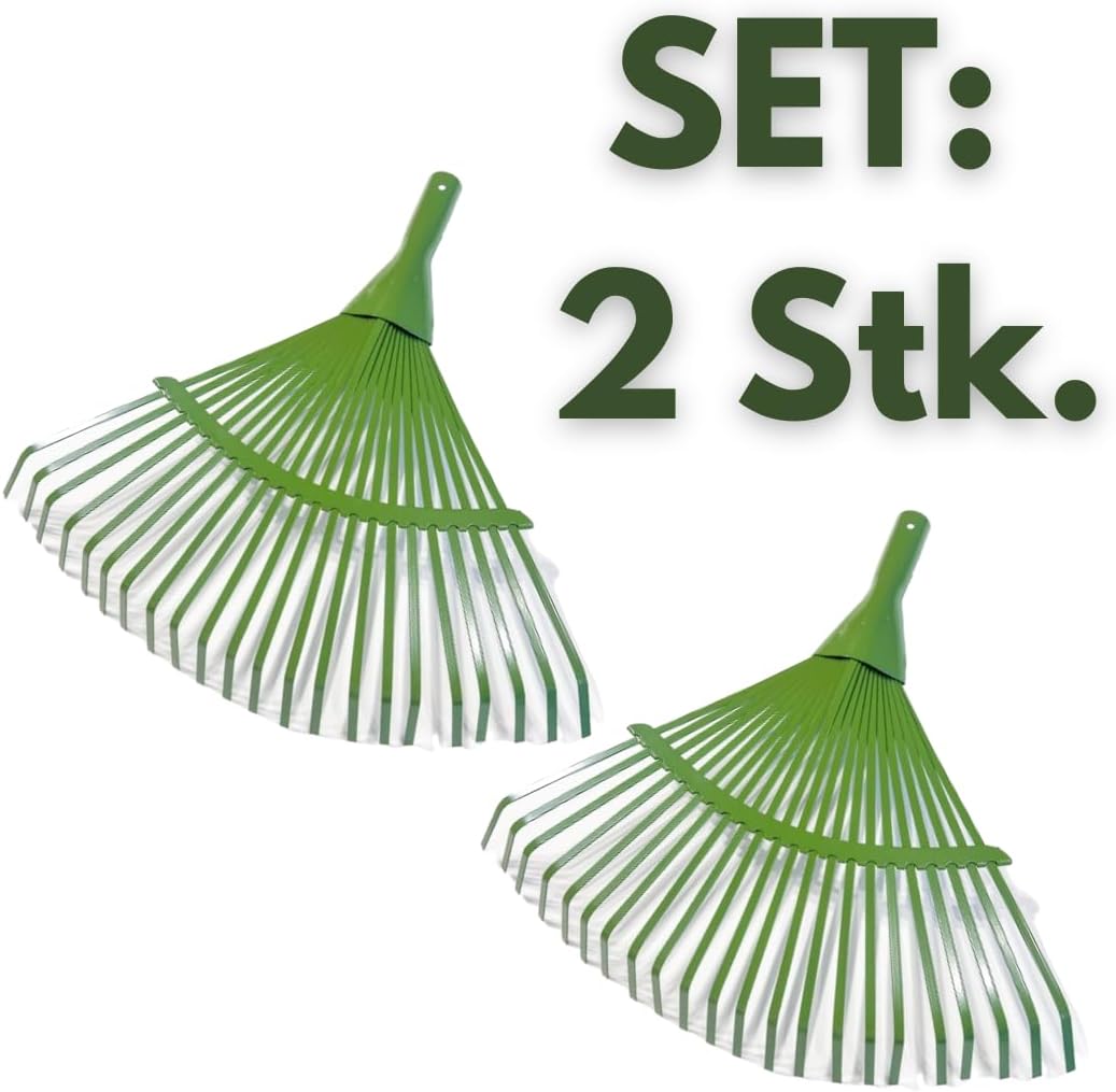 2X Metall Laubbesen mit 22 flachen Zinken, Gartenrechen Laubrechen, Breite: 42cm, grüner Rechen Fäch