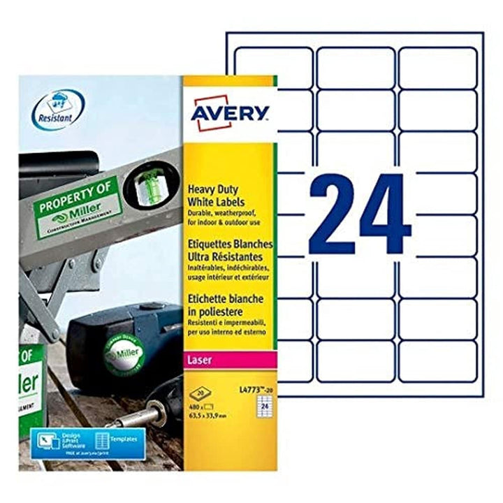 Avery L4773-20 480x Ultra widerstandsfähige Etiketten für Laserdrucker 63,5 x 33,9 mm Weiss