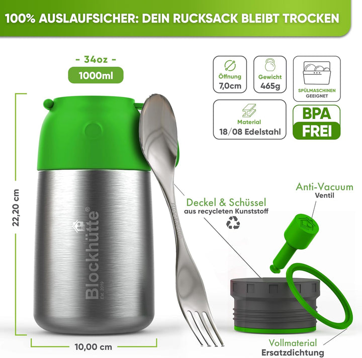 Blockhütte Edelstahl Thermobehälter I 1L l Essen warmhalten Behälter, auslaufsicher I Thermos Essens