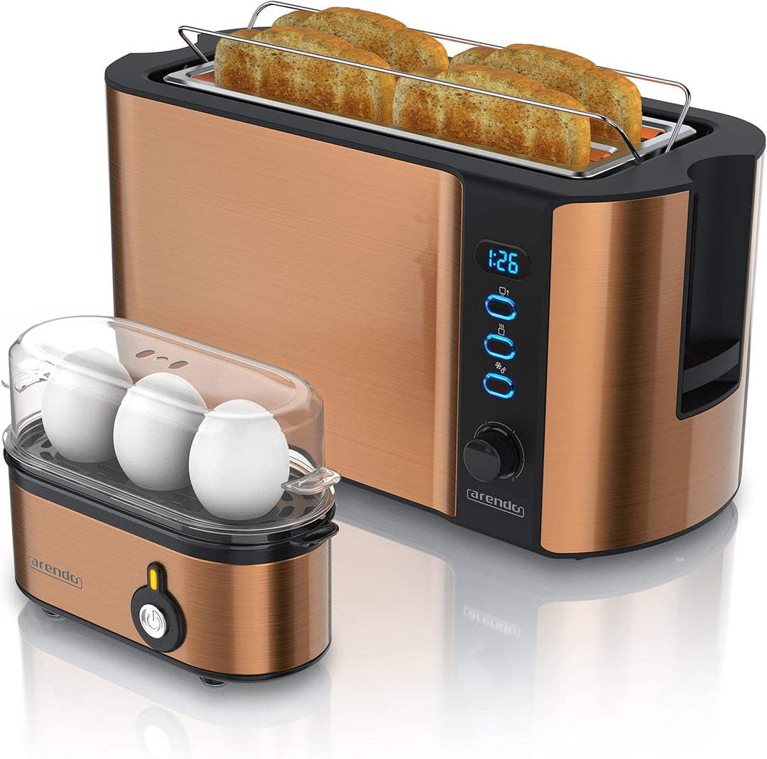 Arendo - Set Toaster FRUKOST mit Eierkocher THREECOOK Edelstahl Kupfer, Toaster 4 Scheiben, LED-Disp