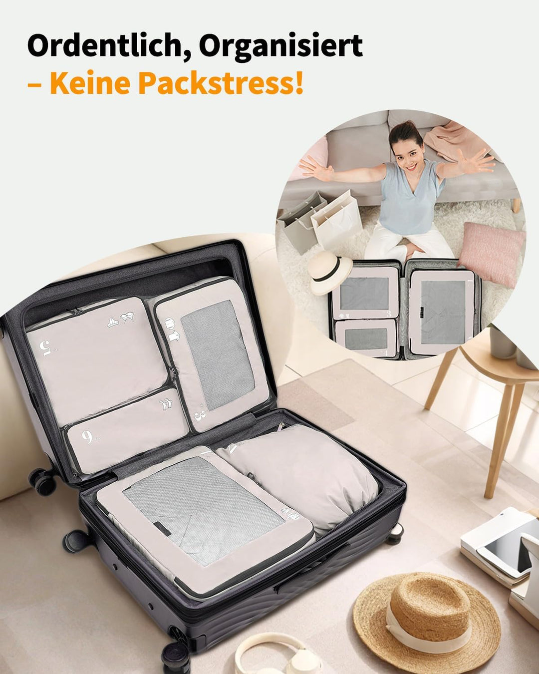 ECOHUB 7 Teilig Koffer Organizer Set, Packing Cubes mit Reissverschluss, Recyceltes PET Packwürfel S