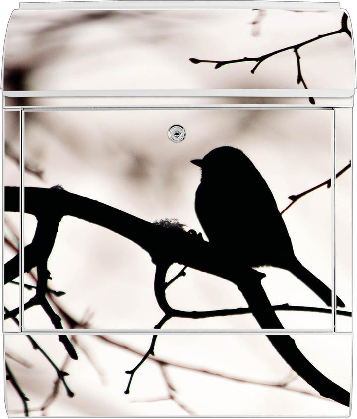 banjado® Design Briefkasten mit Motiv Früher Vogel 39x47x14cm &amp; 2 Schlüssel - Briefkasten Stahl weis
