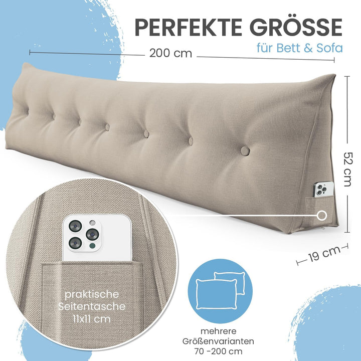 ELONEO Rückenkissen 200 cm breit, Keilkissen für Bett und Sofa geeignet, dreieckiges Lesekissen, Kis