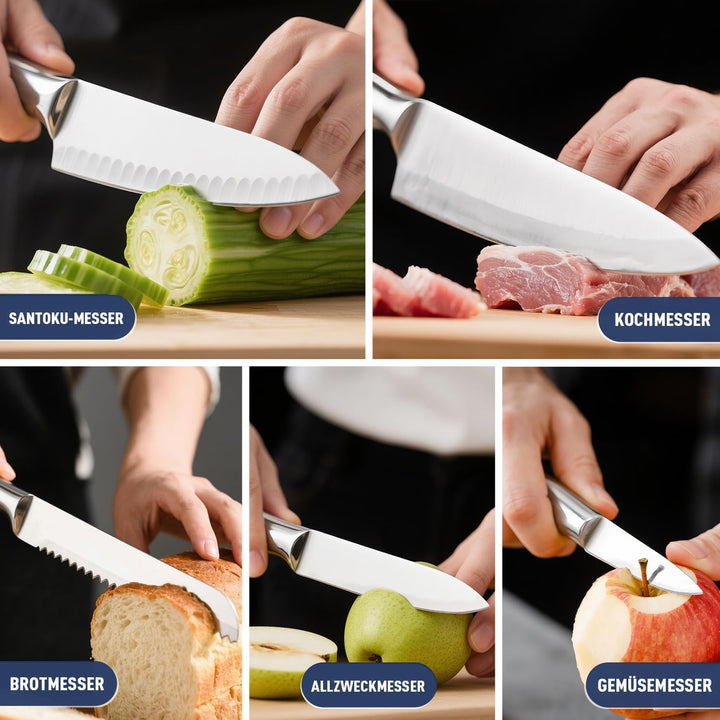 Dmore Messerblock mit Messer, 6-Teilig Küchenmesser Set mit Block und Schleifer, Premium-Edelstahl-M