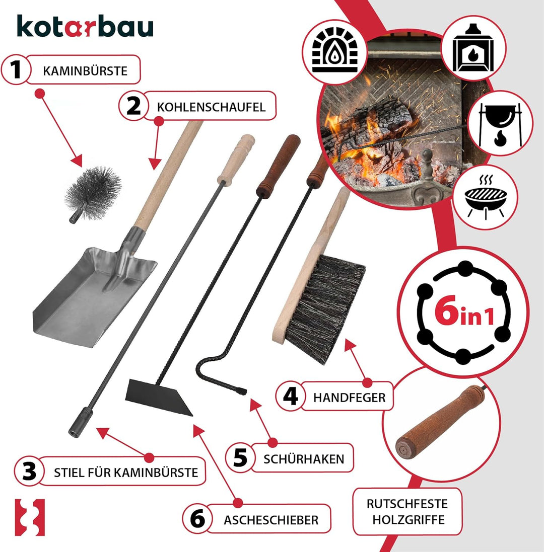 KOTARBAU® Kaminbesteck 5er Set mit Schürhaken Besen Schaufel Kaminbesen Besenstab mit Holzgriff Kami