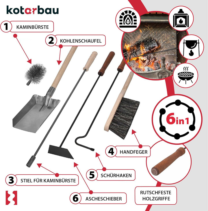 KOTARBAU® Kaminbesteck 5er Set mit Schürhaken Besen Schaufel Kaminbesen Besenstab mit Holzgriff Kami