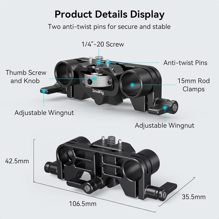 SMALLRIG 15mm LWS Rod Support, Verstellbares und Verdrehsicheres Design, Kompatibel mit SMALLRIG 319