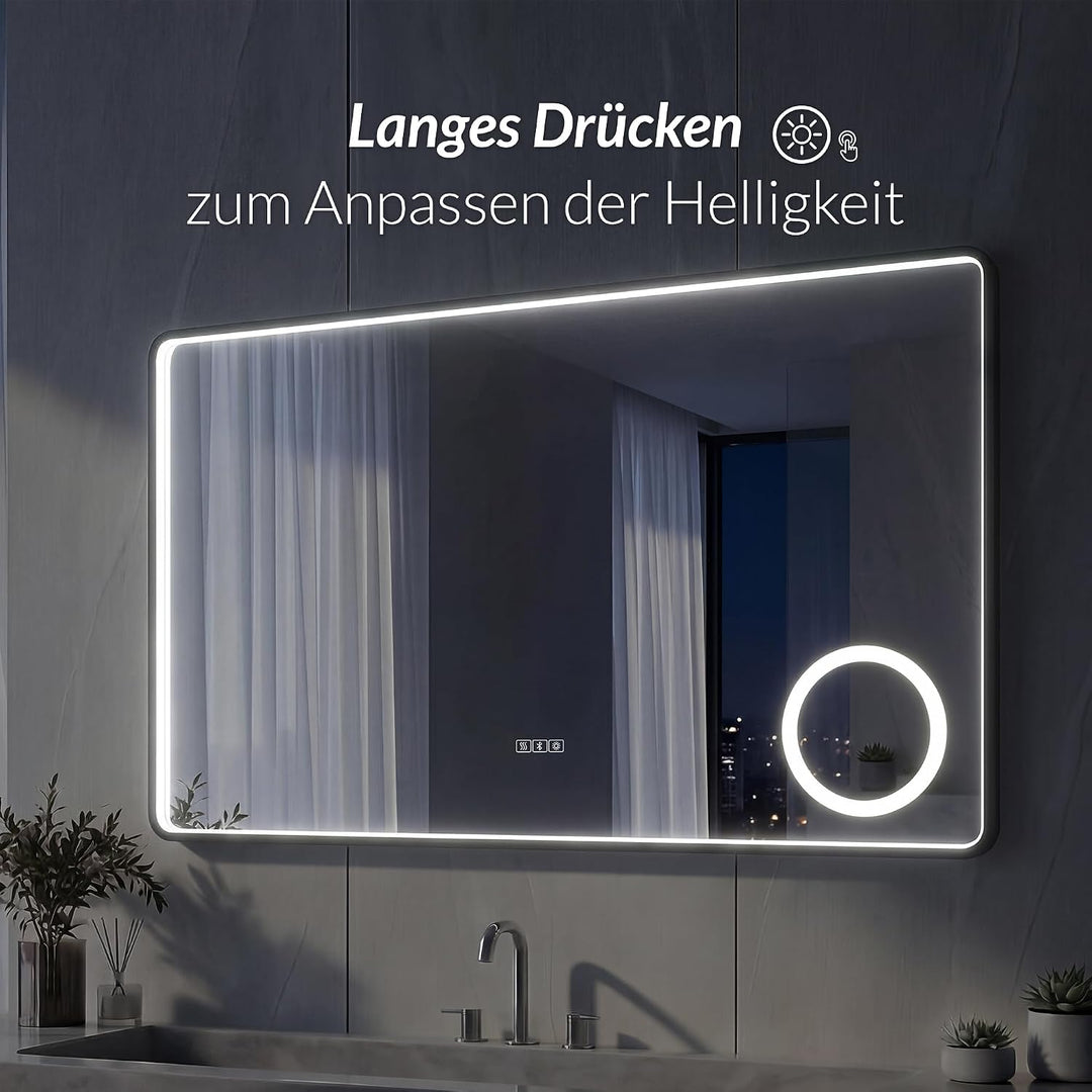 LED Badspiegel mit Aluminiumrahmen &amp; Bluetooth, HD Silber-Spiegel | 3 Lichtfarben Dimmbar Wandspiege