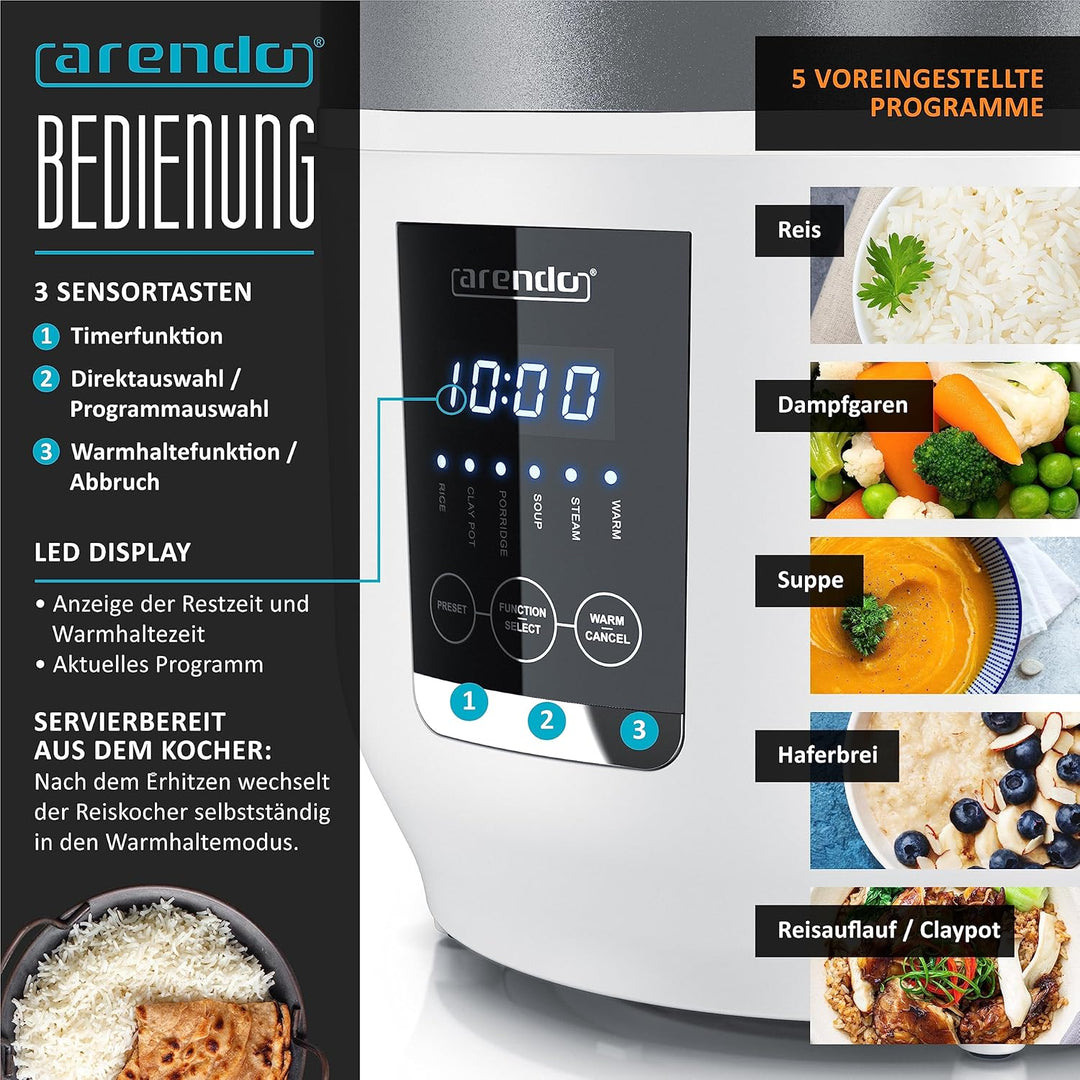 Arendo - Reiskocher - Muktikocher - Dampfgarer - 2l - Warmhaltefunktion - antihaftbeschichteter Gart