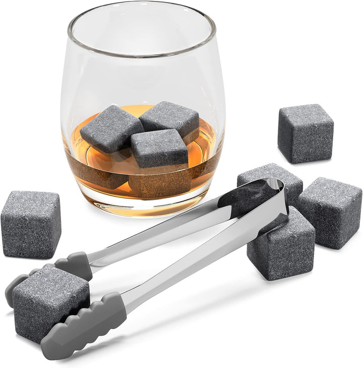 Whisky Steine Set - 12 Wiederverwendbare Basalt Eiswürfel, Zange + Stoffbeutel, Whiskey Ice Cubes Kü