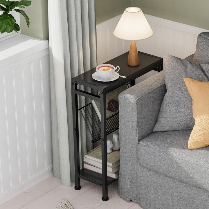 Schmaler Beistelltisch, 3 Ablagen Nachttisch Schmal mit Zeitschriftenhalter, Sofa beistelltisch, Cou