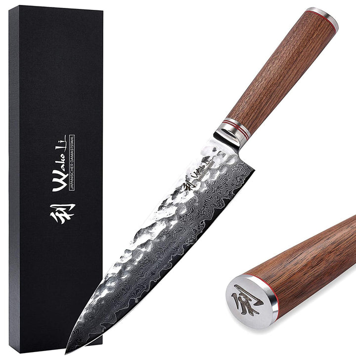 Wakoli Nussbaum Chefmesser mit 20 cm Klinge aus 67 Lagen Damaststahl mit VG10 Kern, Hammerschlag, Nu