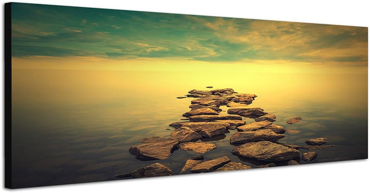 Paul Sinus Art Panoramabild auf Leinwand und Keilrahmen 150x50cm Meer Steine Nebel Wolken Morgenlich