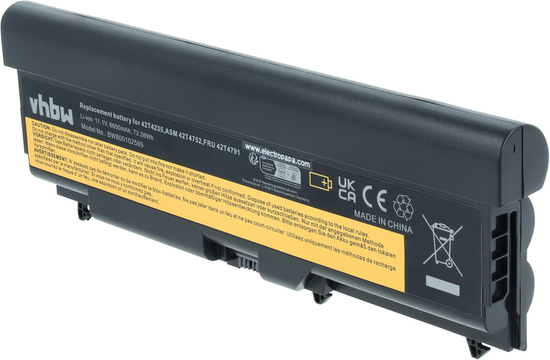 vhbw Akku kompatibel mit Lenovo ThinkPad W510, W510 4389, W520 Notebook (6600mAh, 10,8V, Li-Ion)