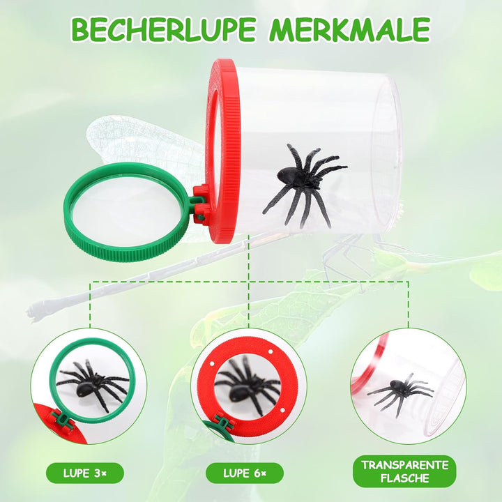 4 Stück Becherlupen für Kinder, Lupenglas Kinder Set, Lupenbecher mit 4 Stück Insektenfangwerkzeugen