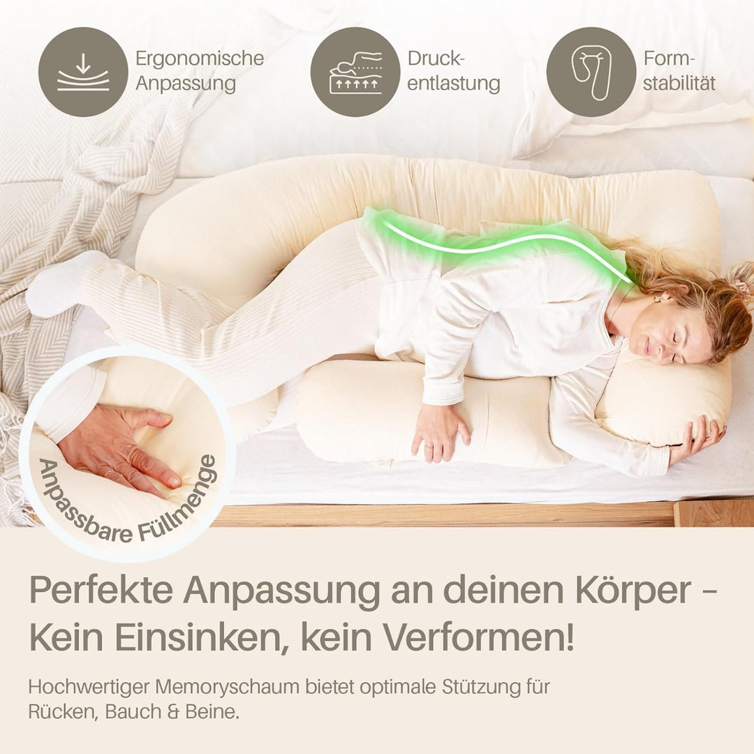 Seitenschläferkissen XL, Schwangerschaftskissen, Stillkissen, Memory Foam Füllung, Kissenbezug 100%