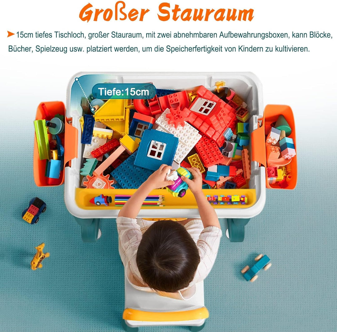 5-in-1 Kindertisch mit Stühle Set Kinder Tisch Stuhl Spieltisch mit Bausteine und 2 Stühle Doppelsei