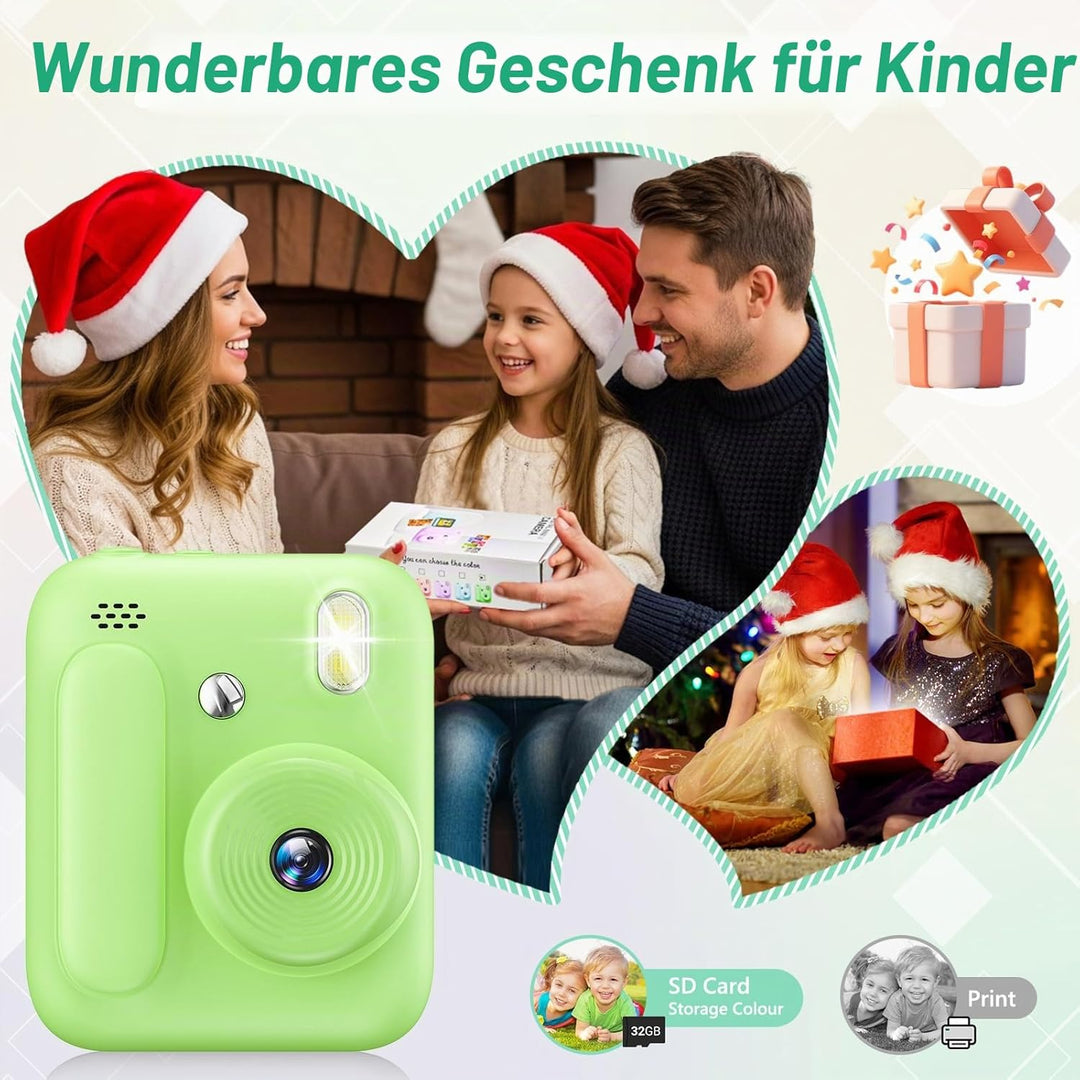 Sofortbildkamera für Kinder,1080P Kinderkamera mit 5 Rollen Druckpapier,32GB-Karte und Farbstiften,