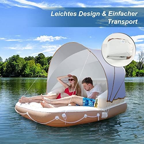 FANTASK Luxus-Inselbett XXL, Aufblasbare Schwimminsel mit einziehbarer & Abnehmbarer Überdachung, Ba