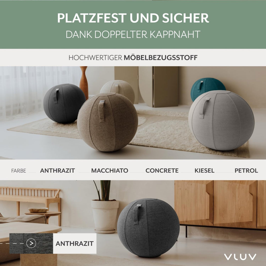 VLUV® BOL STOV Sitzball Büro Ergonomisch [Atmungsaktiv mit Tragegriff und Wegrollschutz] Waschbarer