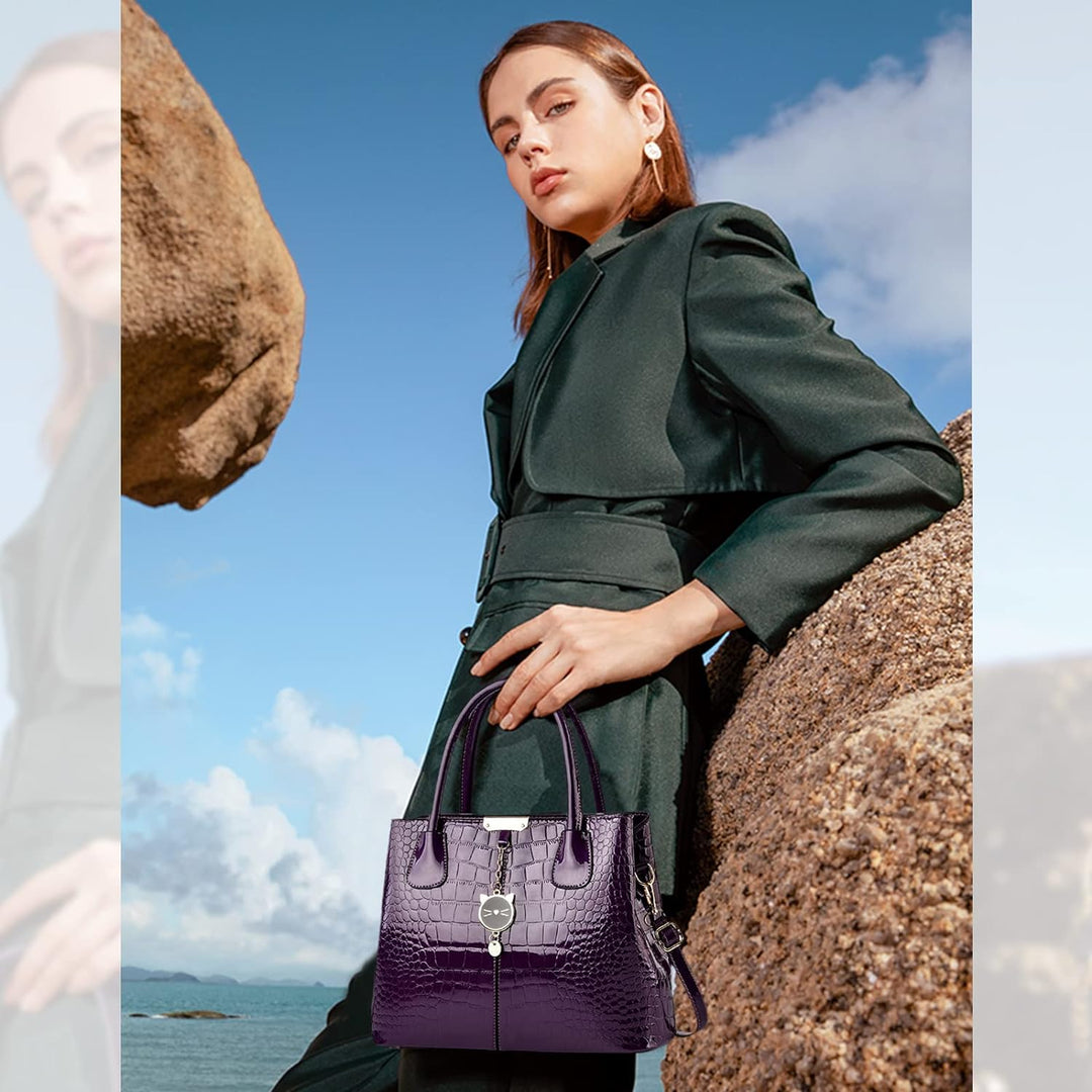 NICOLE & DORIS Handtaschen Damen Elegant Lackleder Handtasche Krokoprägung Henkeltasche Arbeits Tasc