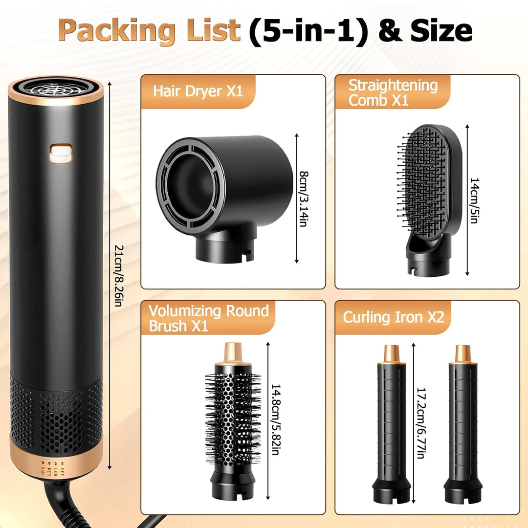 5 in 1 Airstyler Warmluftbürste 1000W Ionen - Hair Styler Set mit Rundbürstenföhn, Lockenstab & Styl